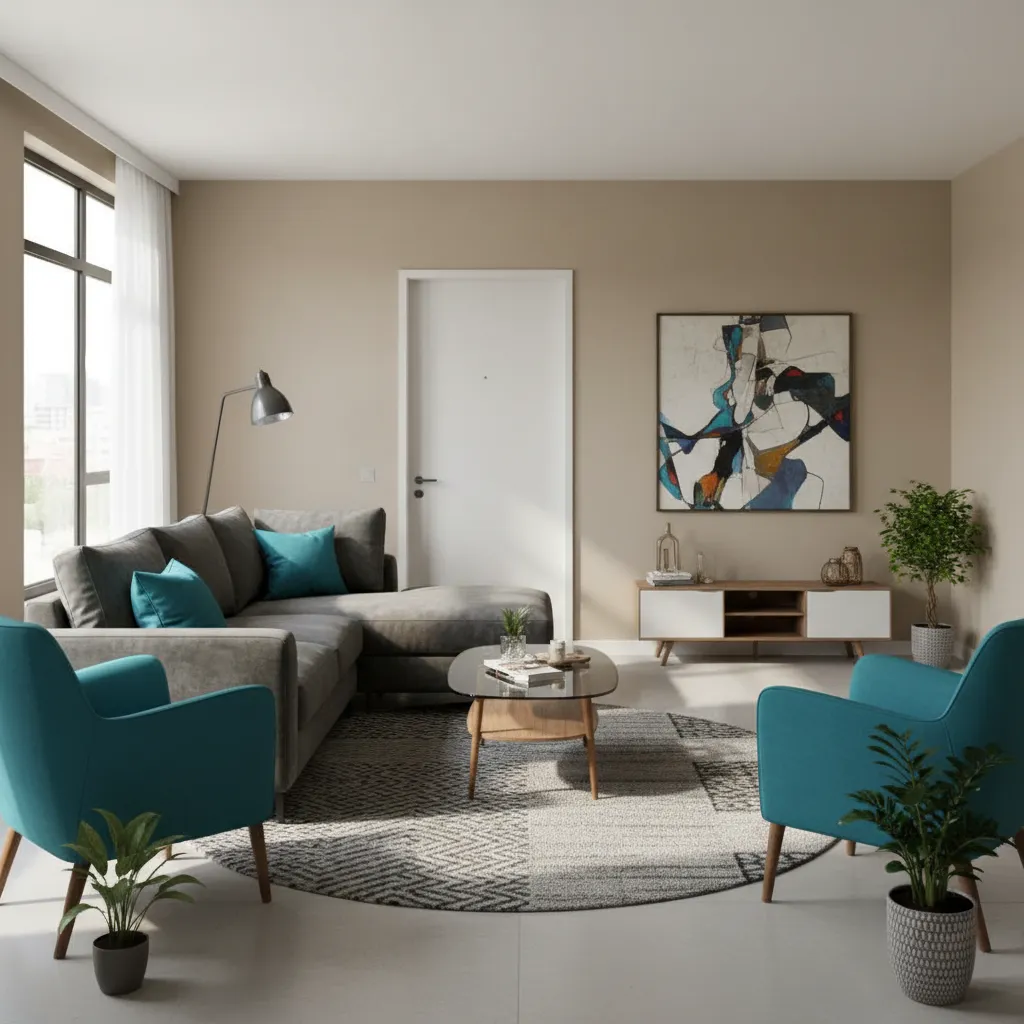 Salón con muebles desproporcionados mostrando errores de distribución