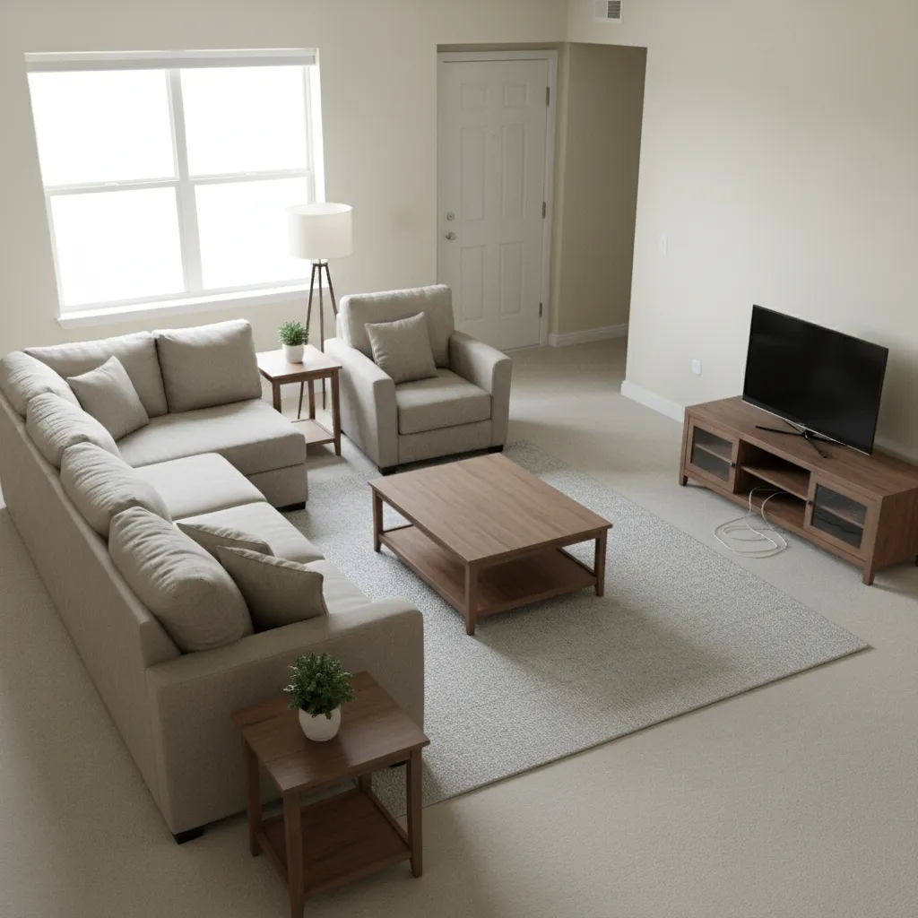 Salón con muebles desproporcionados y mala distribución