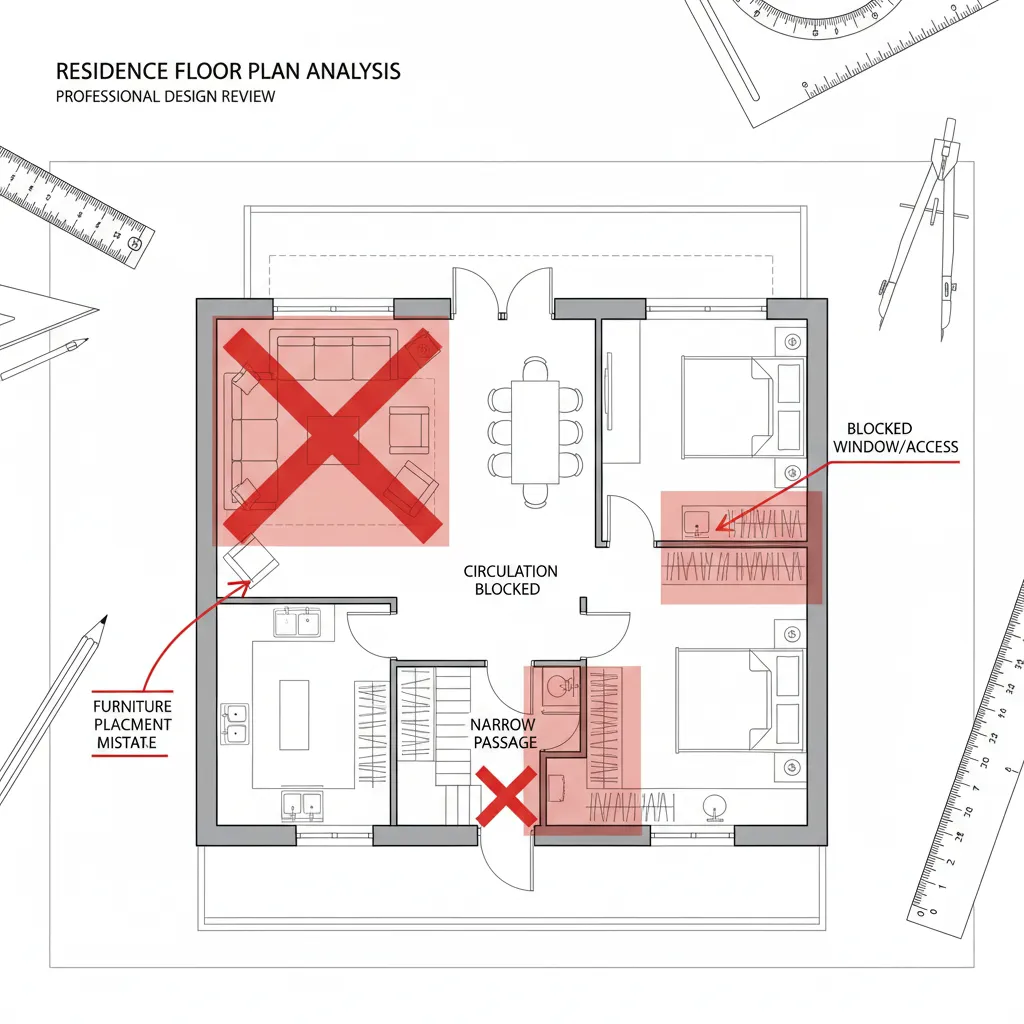 Plano de vivienda mostrando errores de distribución marcados