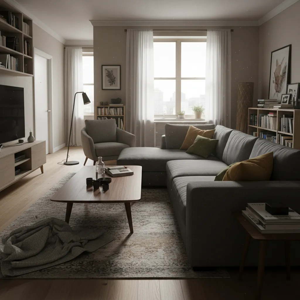 Salón con mala distribución de muebles que bloquea el paso