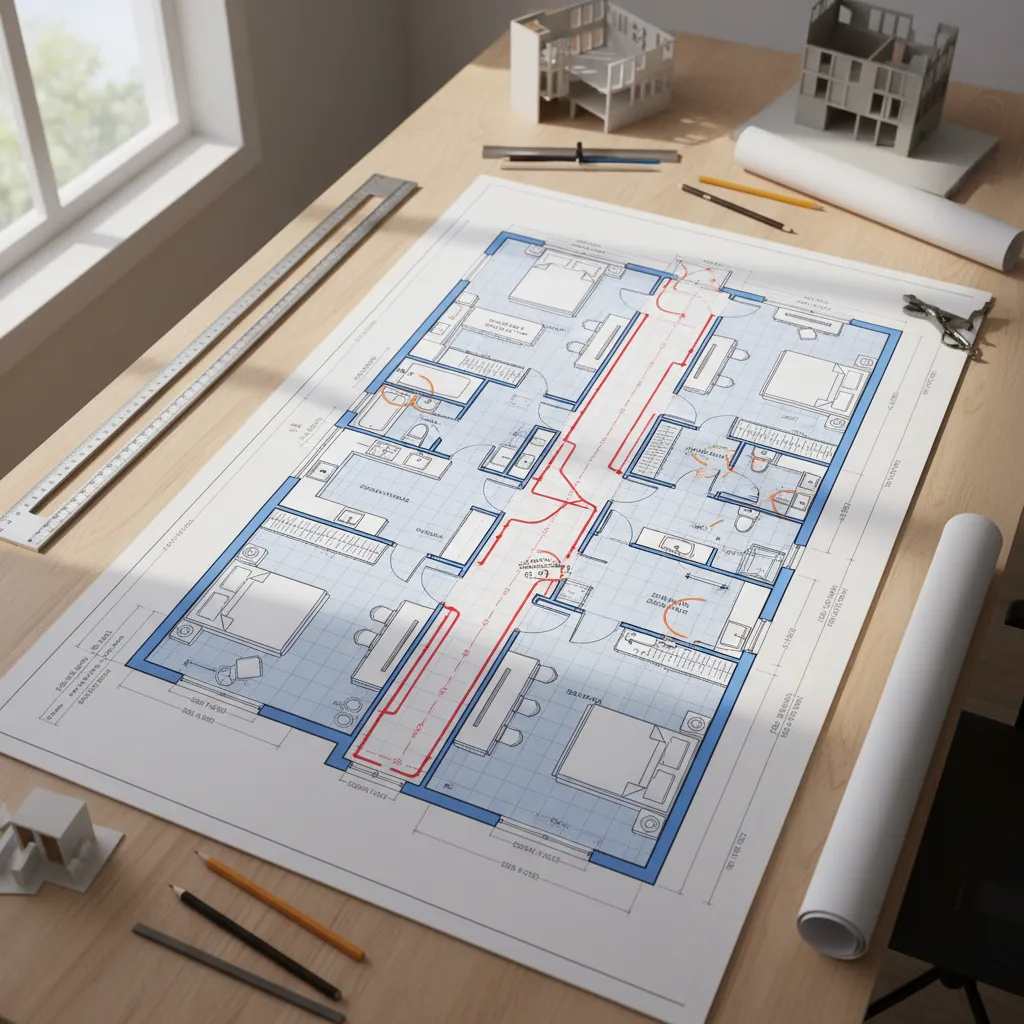 Detailed house floor plan on wooden desk with ruler pencils and small white house models