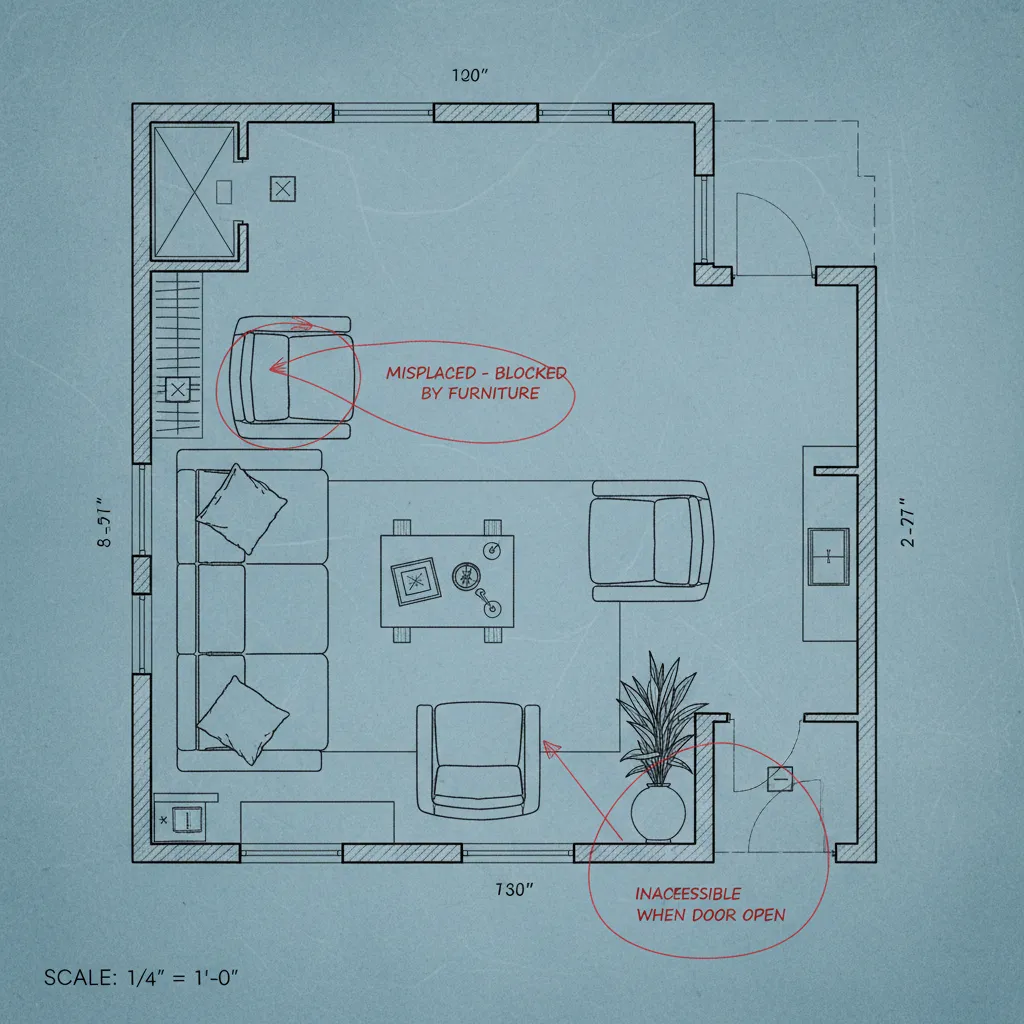 Plano de habitación mostrando errores comunes en ubicación de interruptores y enchufes