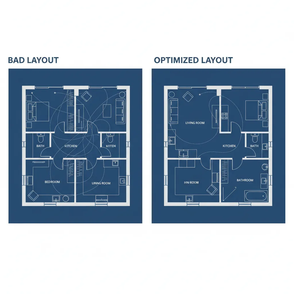 Comparación de plano mal distribuido y plano optimizado de vivienda