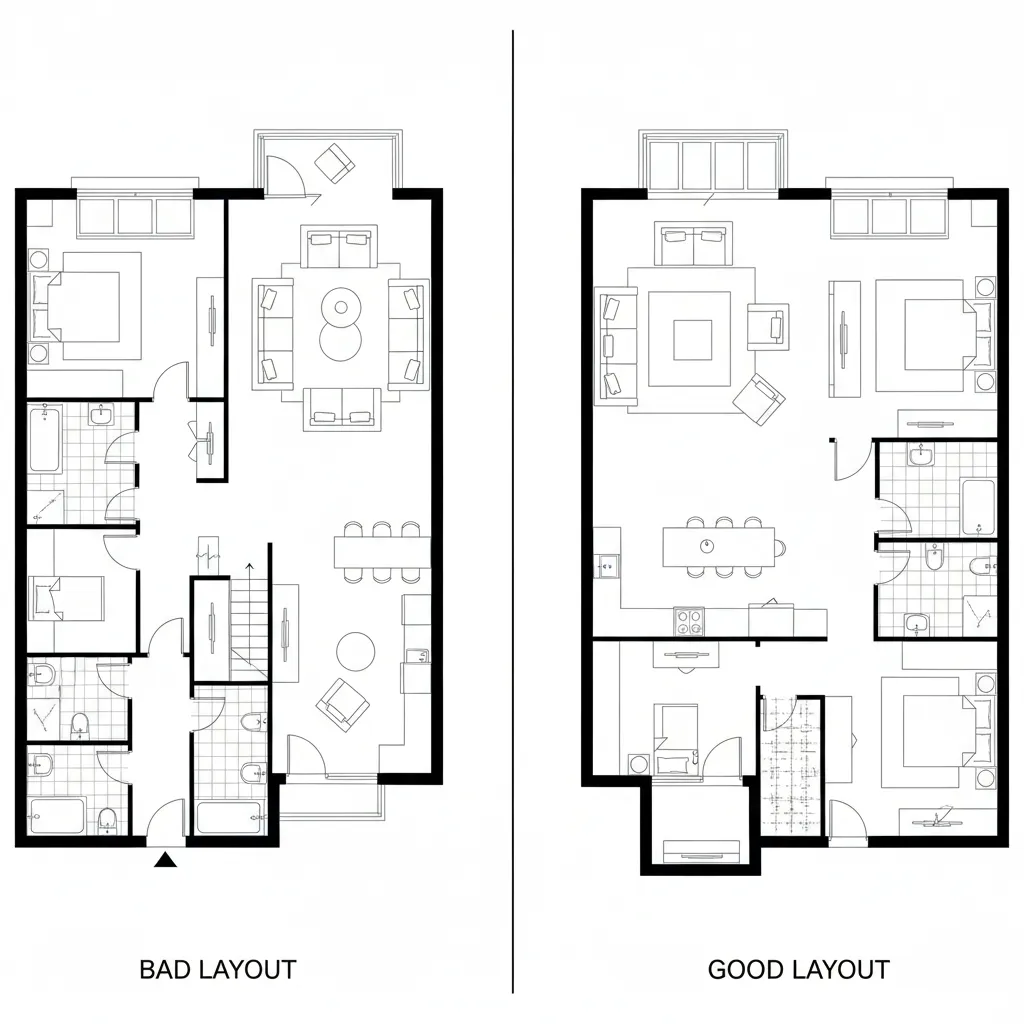 Comparación entre un plano de casa mal distribuido y uno optimizado
