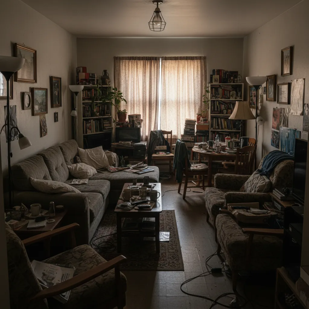 Interior doméstico con mala iluminación y exceso de muebles