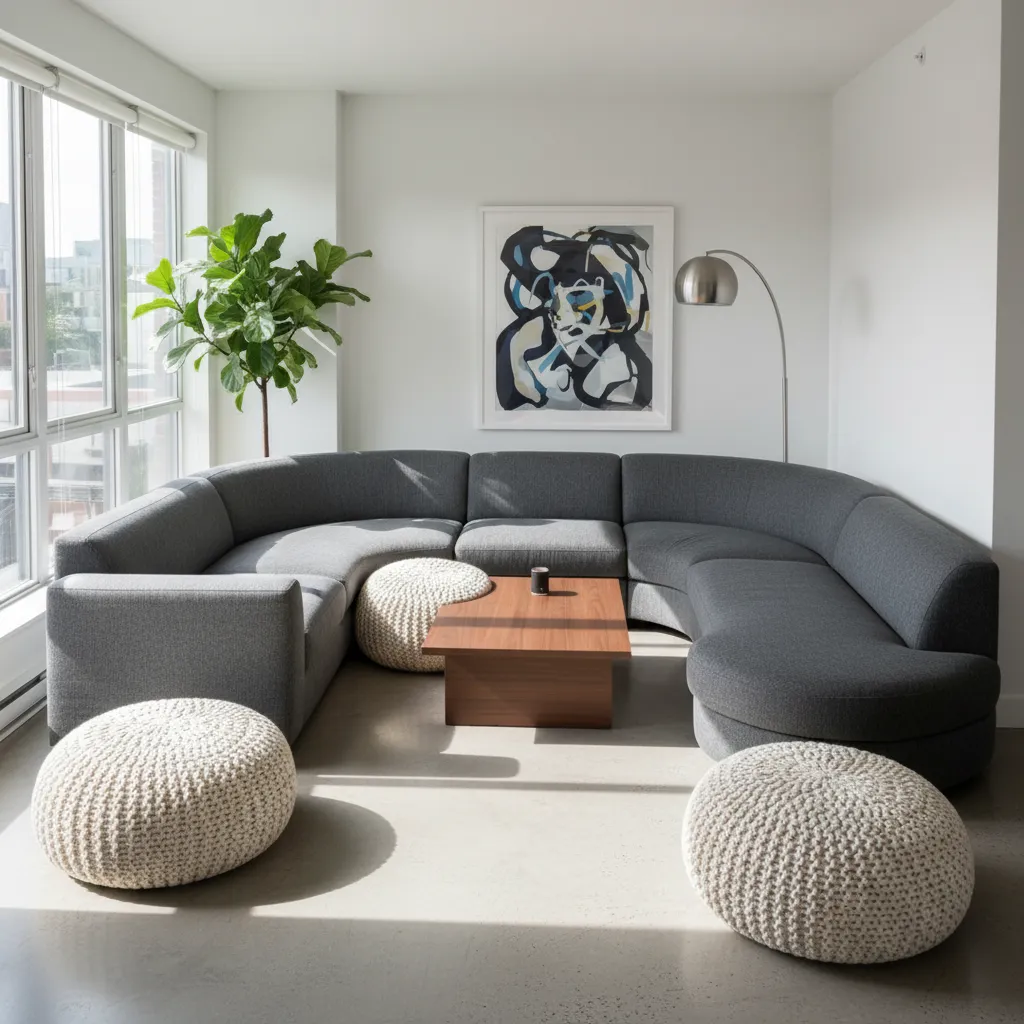 Modern curved grey sofa with wooden coffee table white round footrests and abstract wall painting