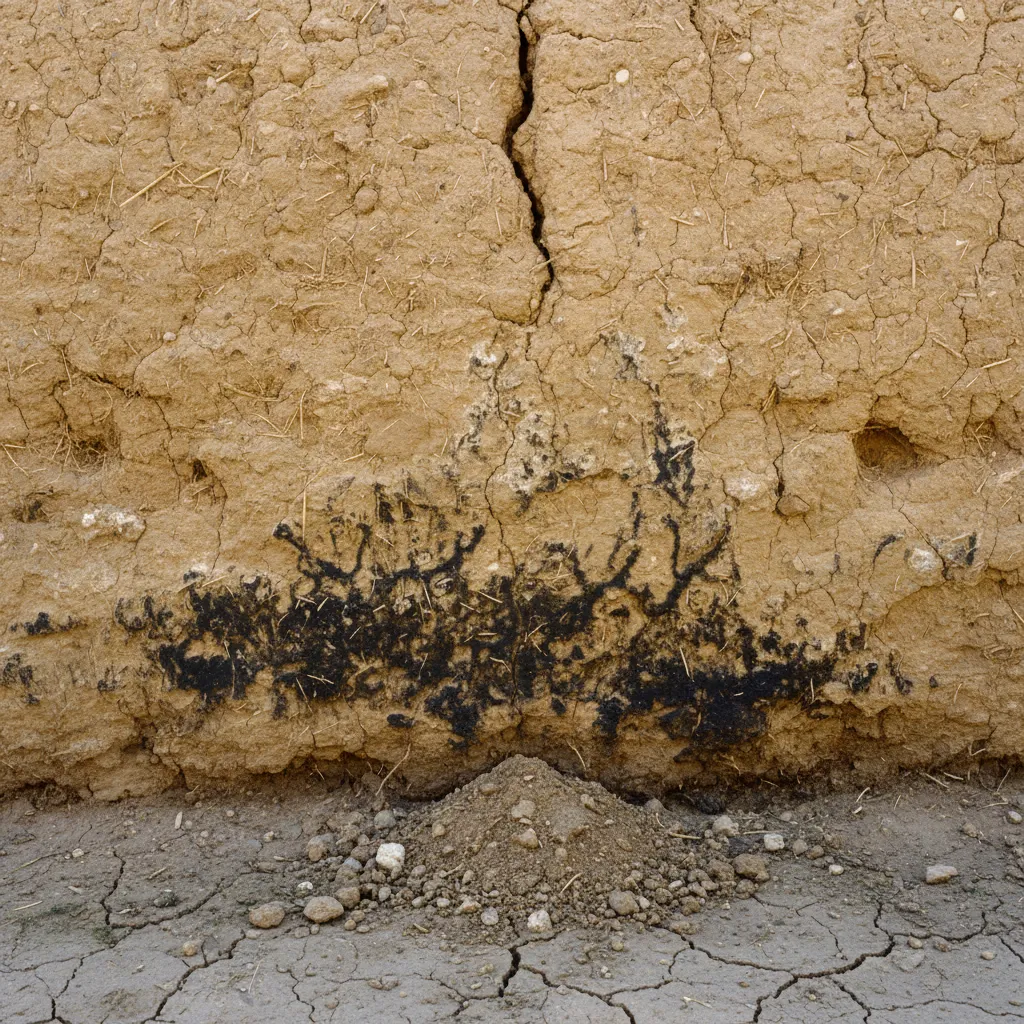 Close up of a cracked mud wall with dark water damage stains and dry soil