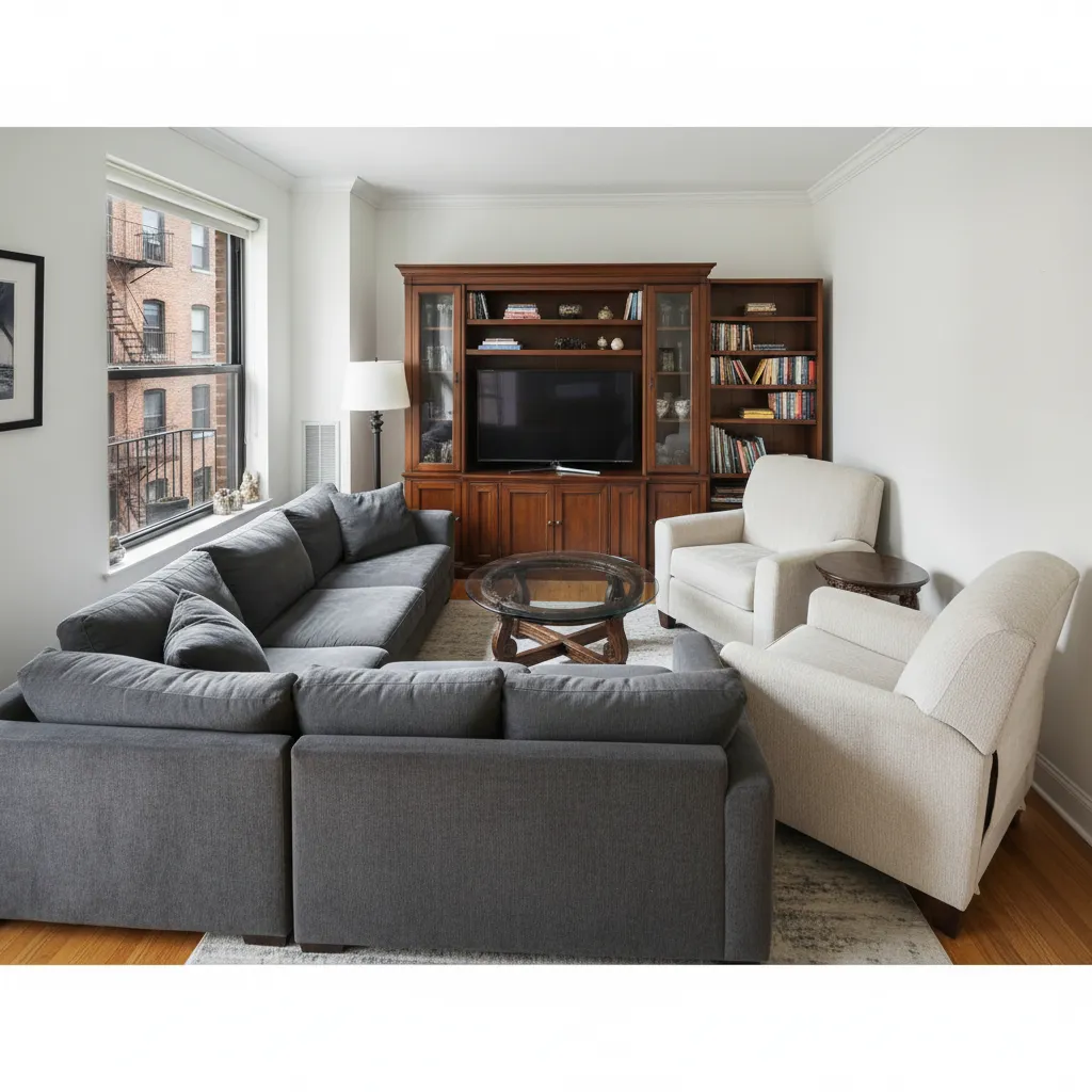 Salón pequeño con muebles demasiado grandes ocupando casi todo el espacio