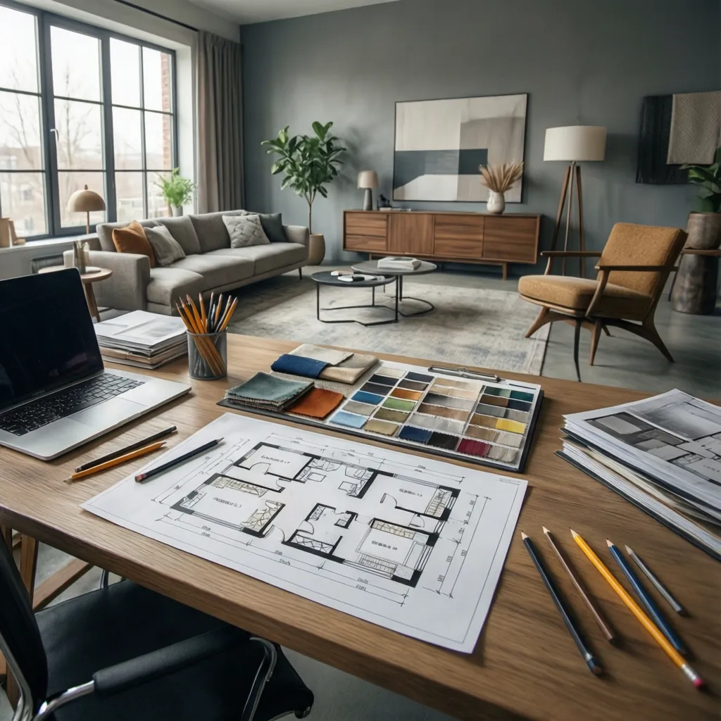Wooden desk with laptop pencils floor plan and fabric samples in a modern living room