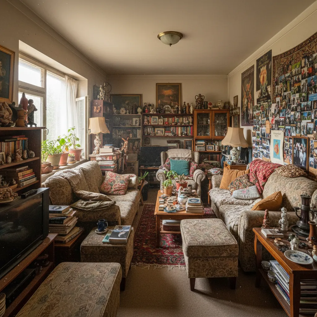 Sala con demasiados muebles y decoración desordenada