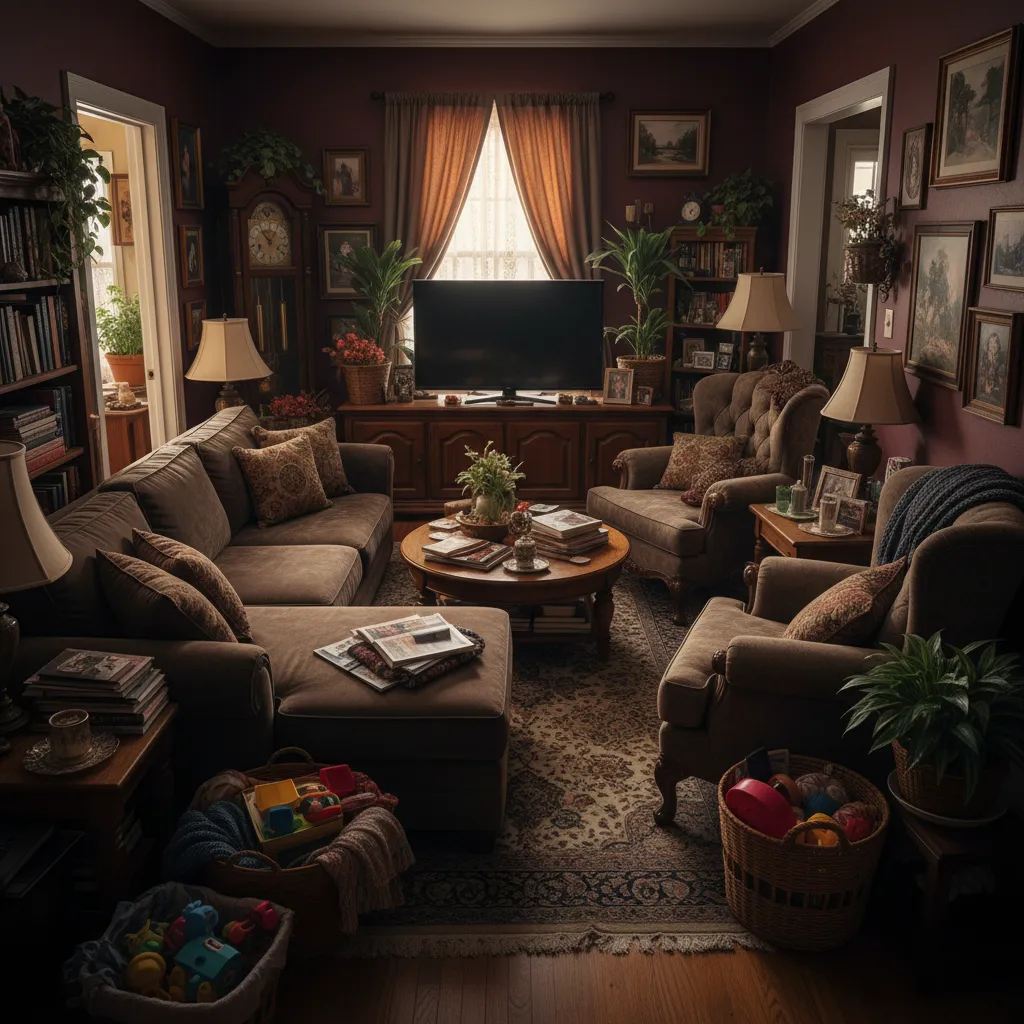 Sala pequeña saturada con demasiados muebles