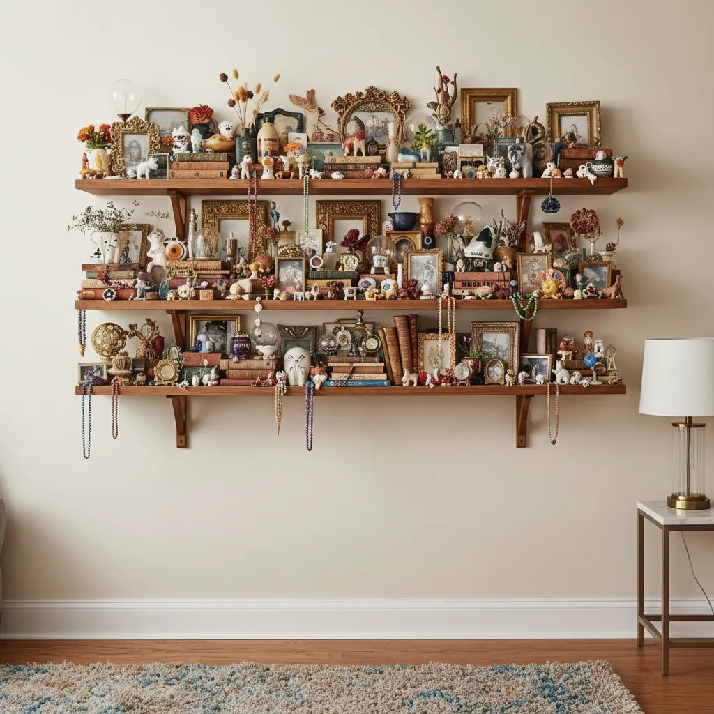 Estantería sobrecargada con demasiados objetos decorativos