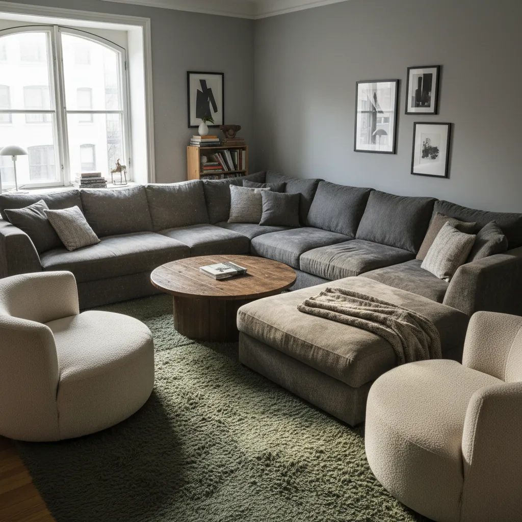 Living room with large gray sofa wooden coffee table green rug and two white armchairs