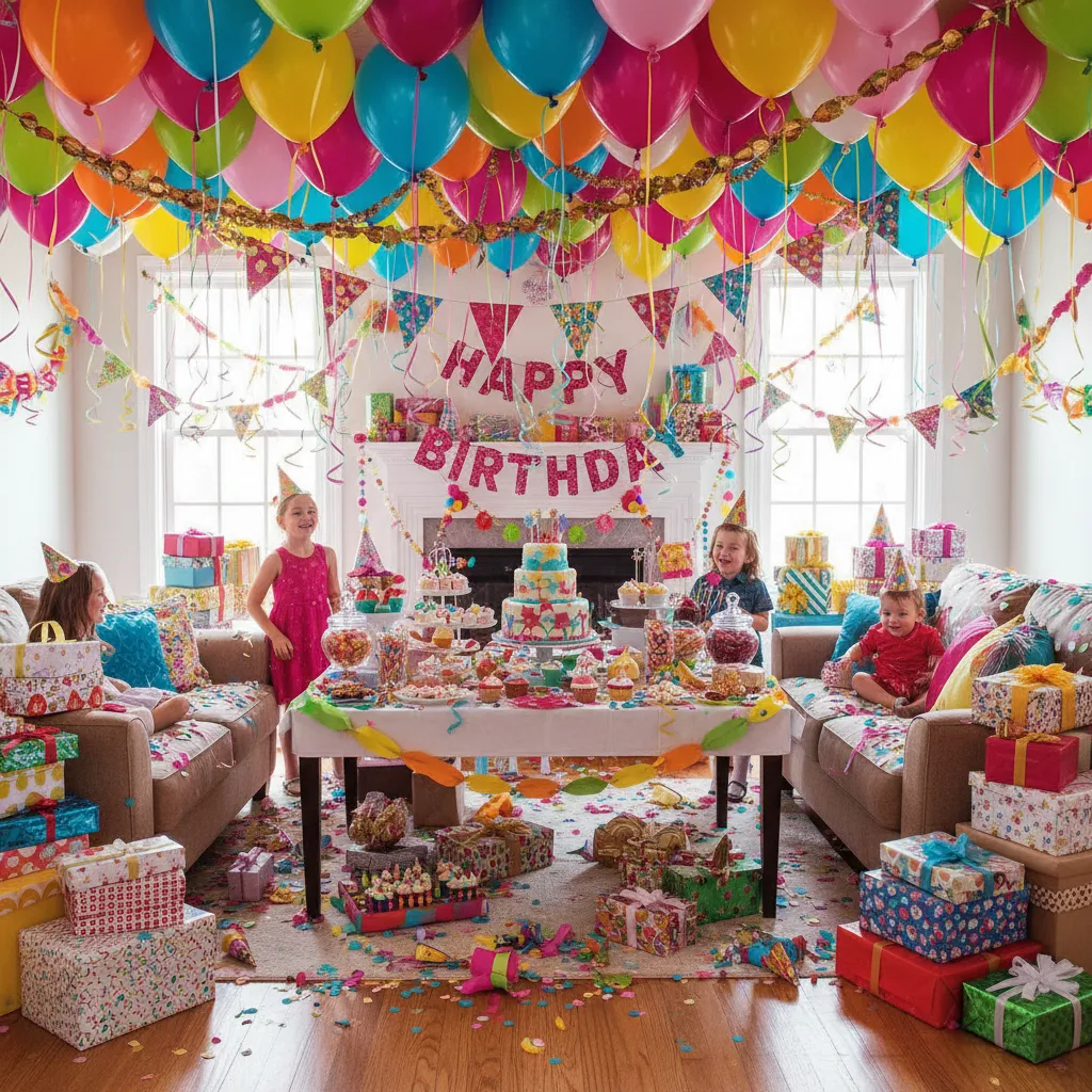 Sala con demasiada decoración de fiesta infantil generando espacio saturado