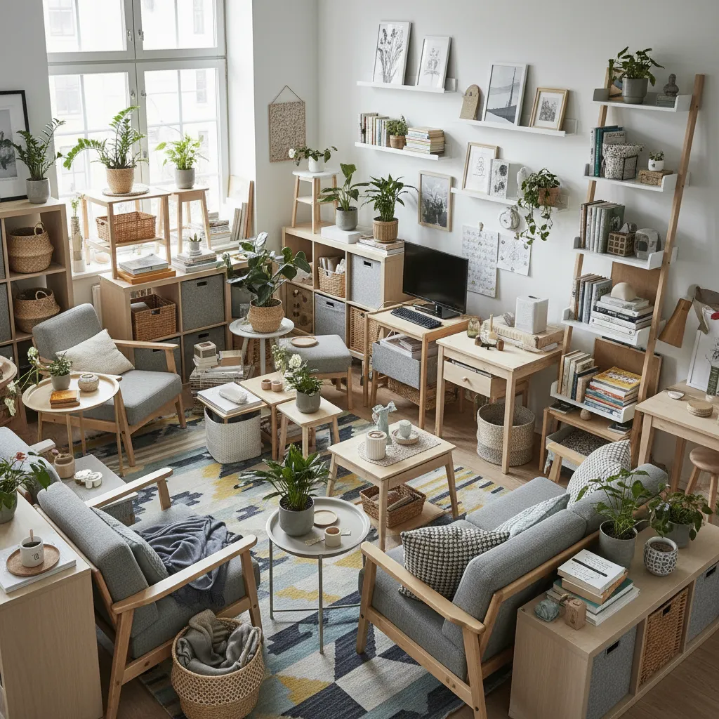 Salón con demasiados muebles pequeños mostrando un error de diseño