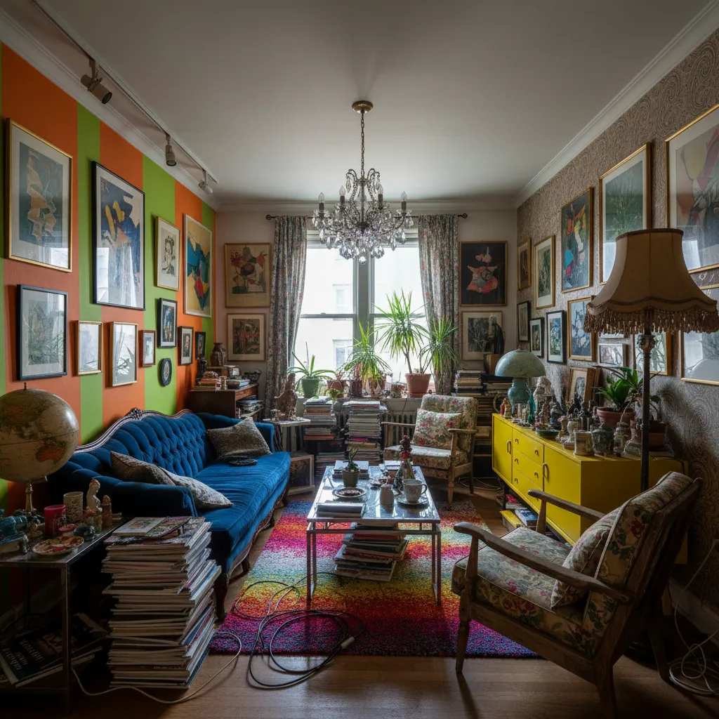 Sala con mezcla excesiva de estilos decorativos