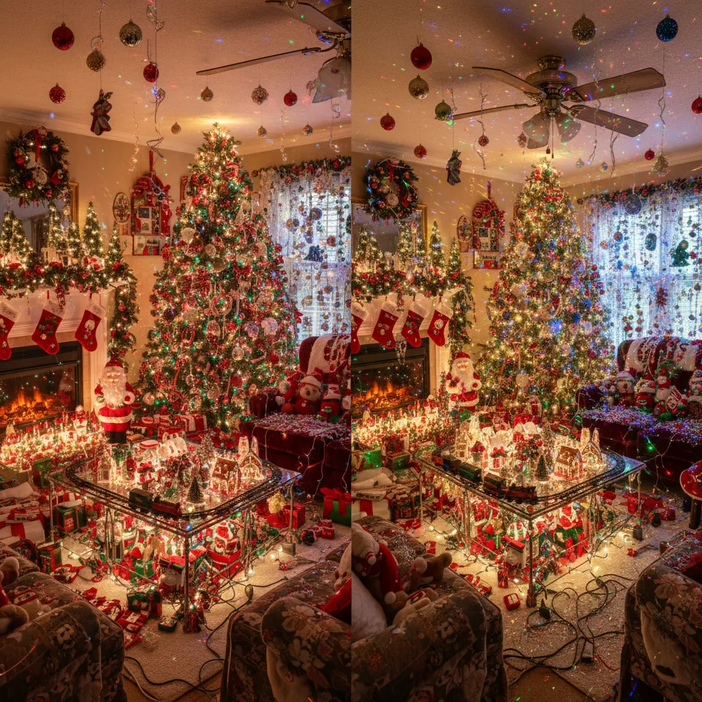 Salón con demasiadas decoraciones navideñas y luces