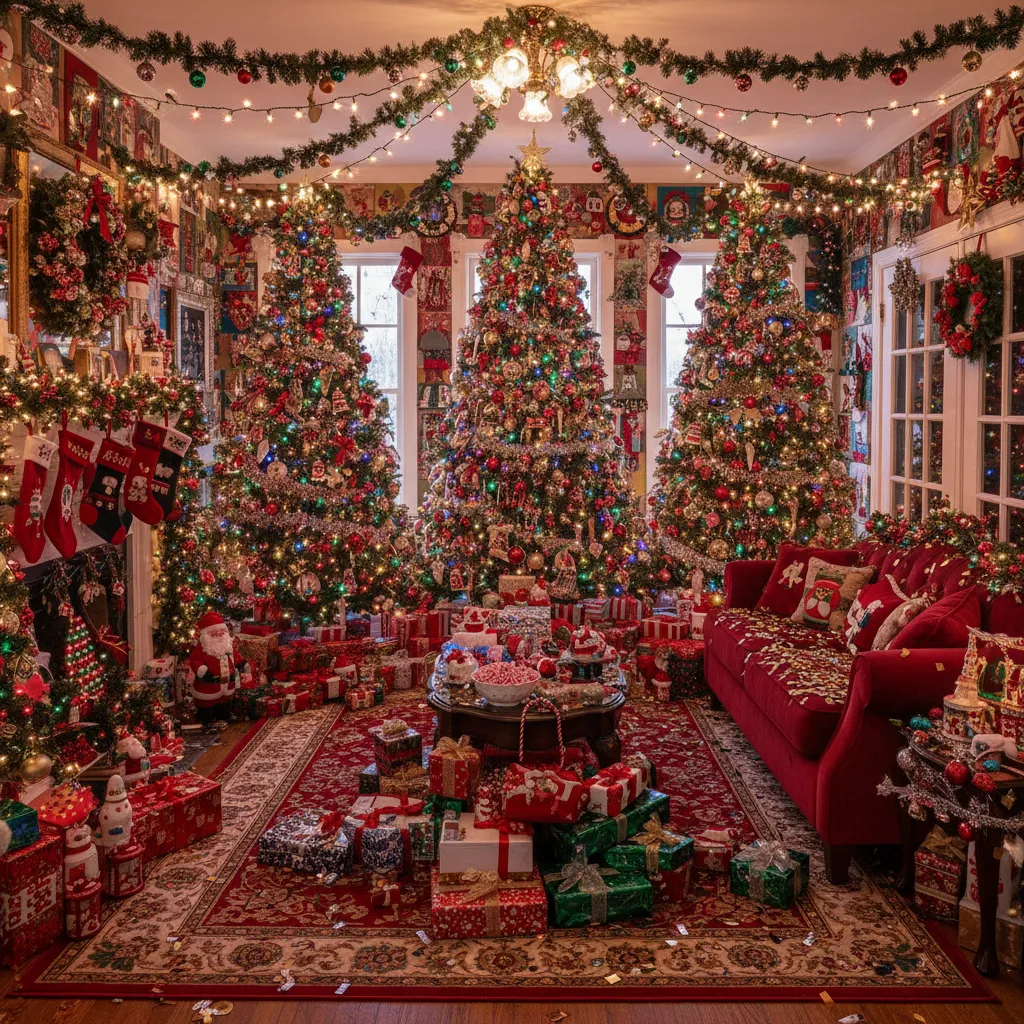 salón navideño sobrecargado con demasiadas decoraciones