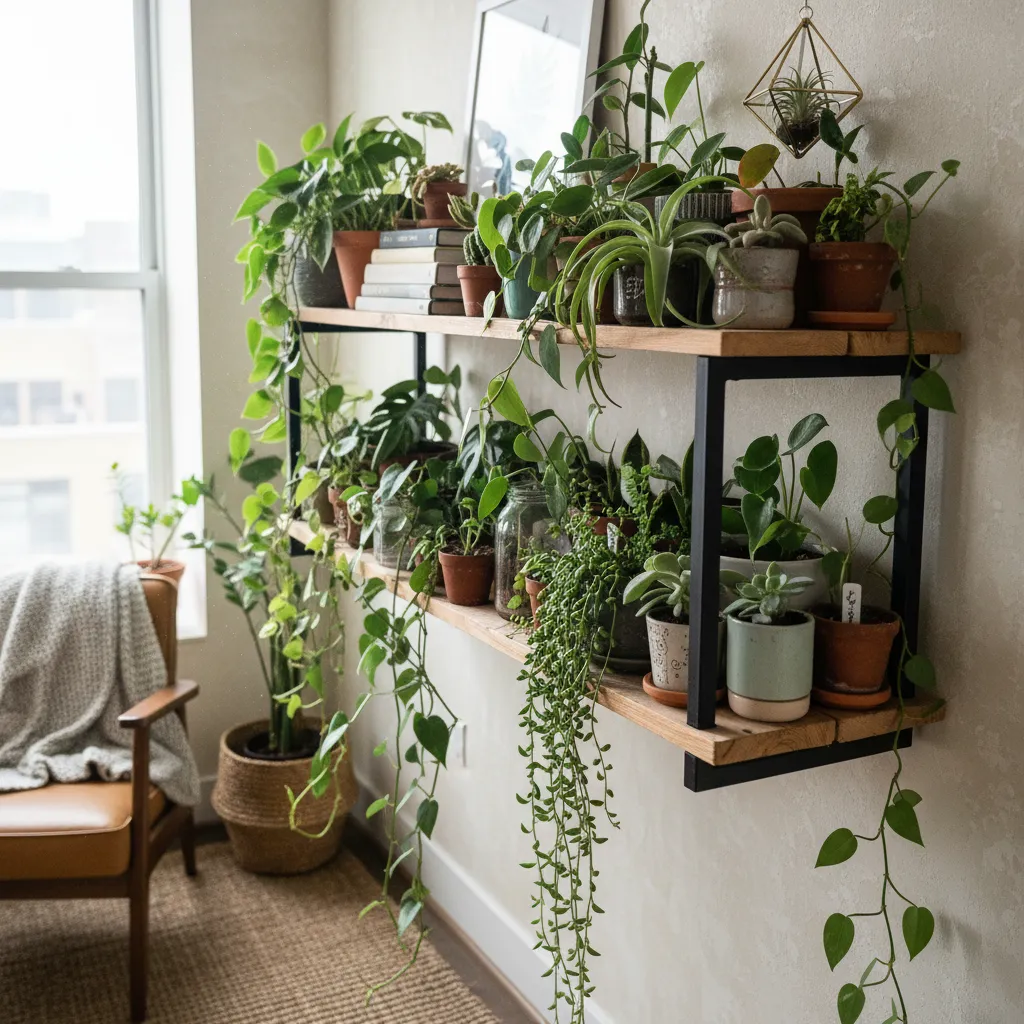 Ejemplo de demasiadas plantas pequeñas en una estantería creando desorden visual