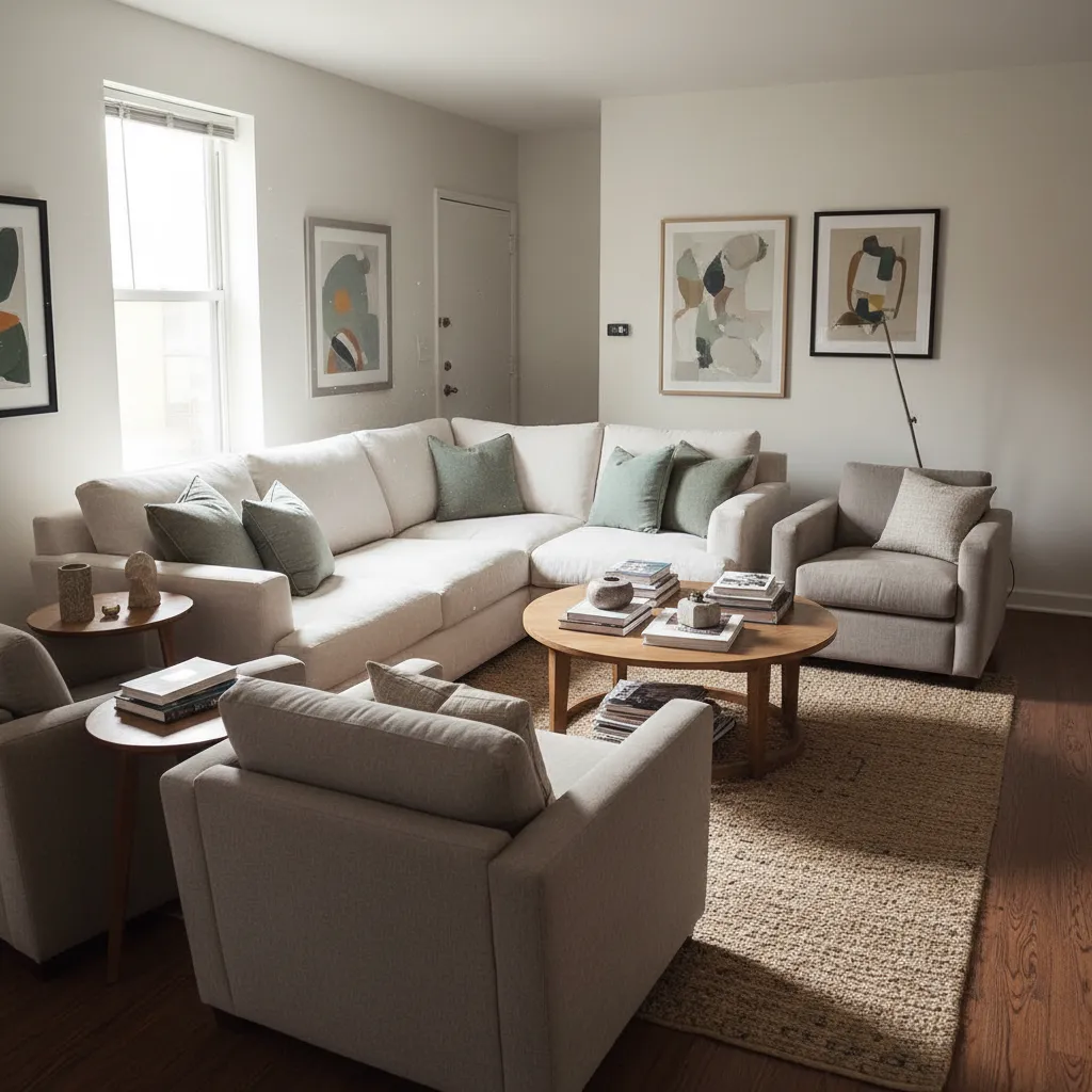 Sala de estar con muebles mal distribuidos que bloquean el paso