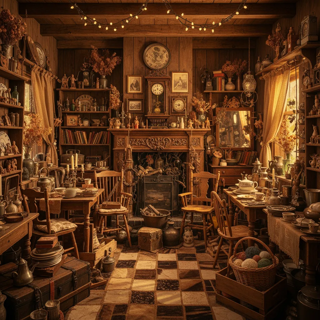 Interior rústico sobrecargado con demasiados objetos decorativos