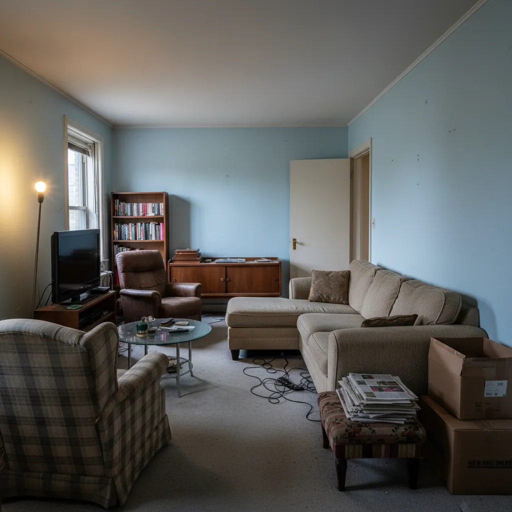 Sala con muebles mal distribuidos que muestra errores comunes de decoración