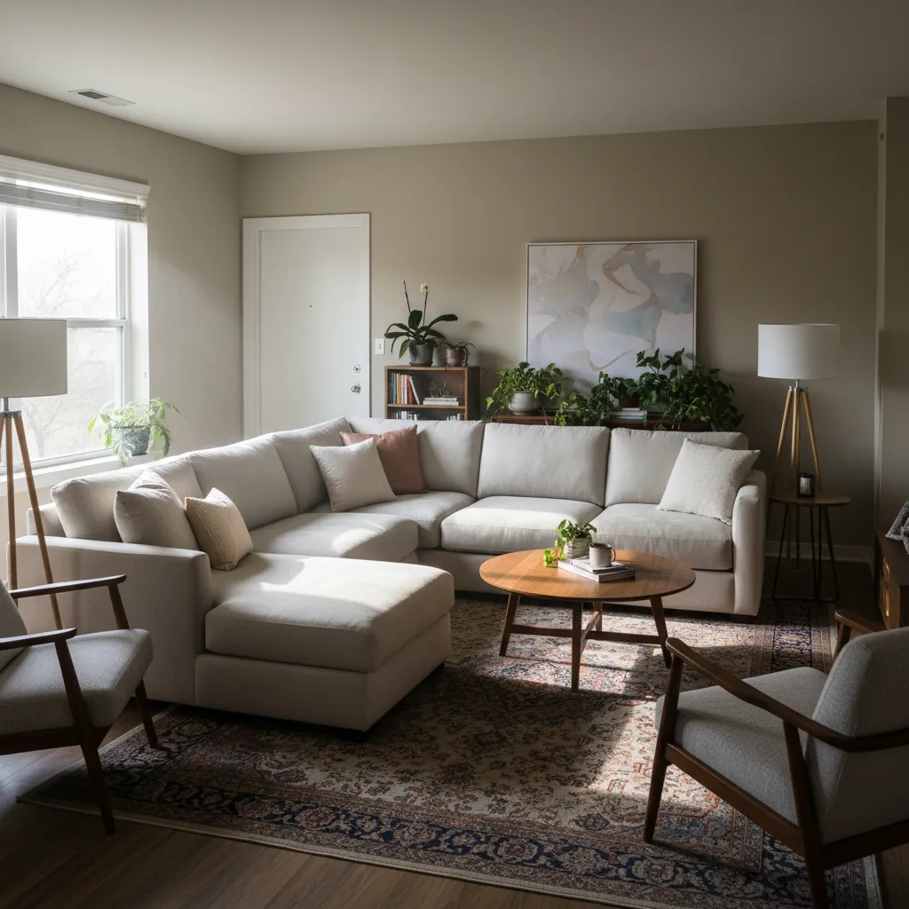 Salón con errores comunes de decoración como muebles demasiado grandes