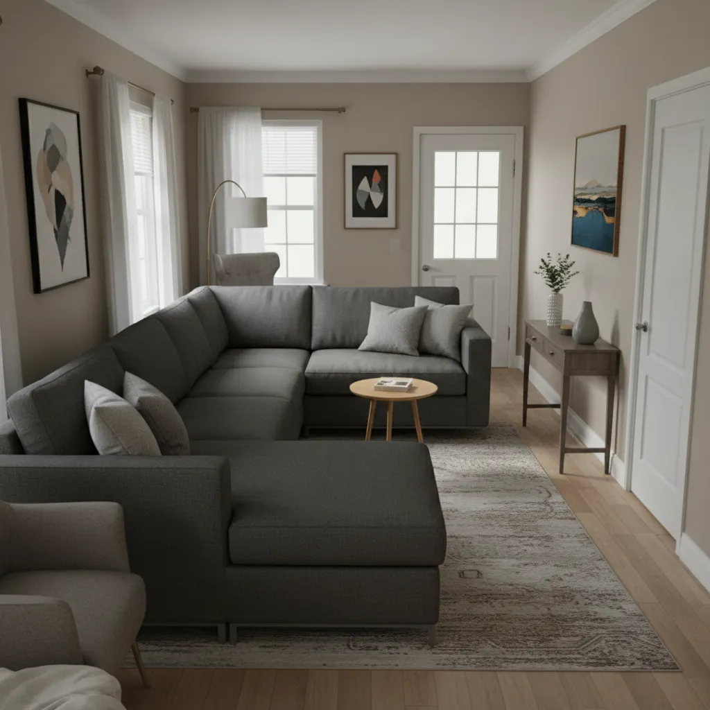 Sala de estar con muebles mal distribuidos y circulación incómoda