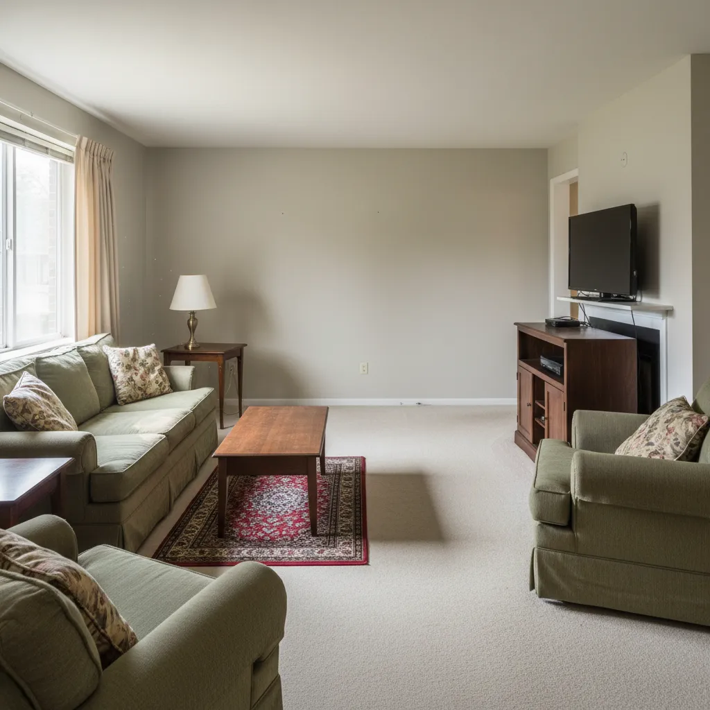 Salón con alfombra demasiado pequeña y muebles pegados a la pared