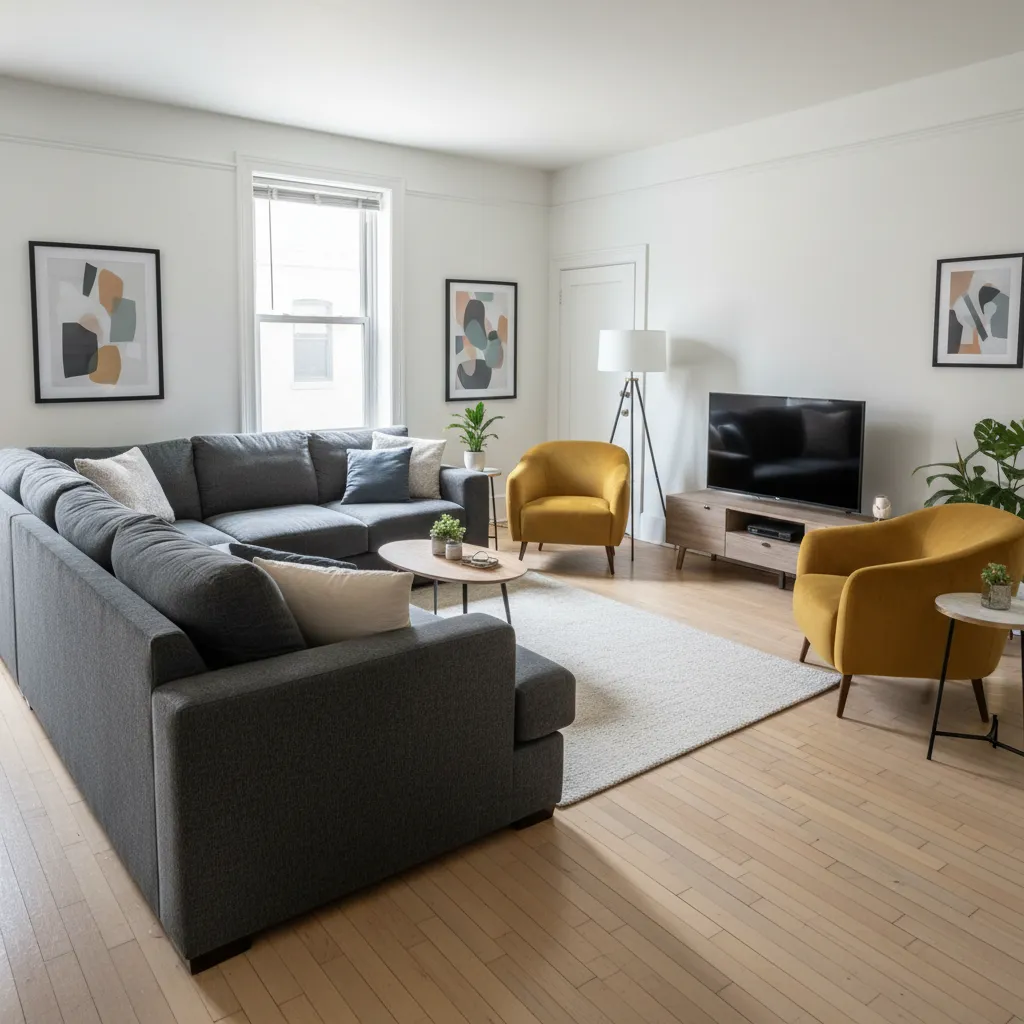 Living room with grey sofa two yellow chairs wooden coffee table and framed wall art