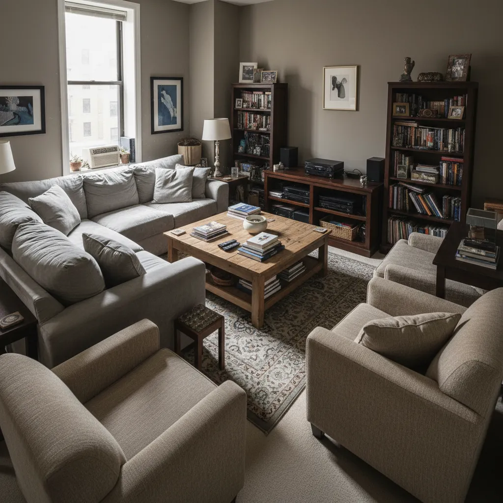 Sala con muebles demasiado grandes que dificultan la circulación