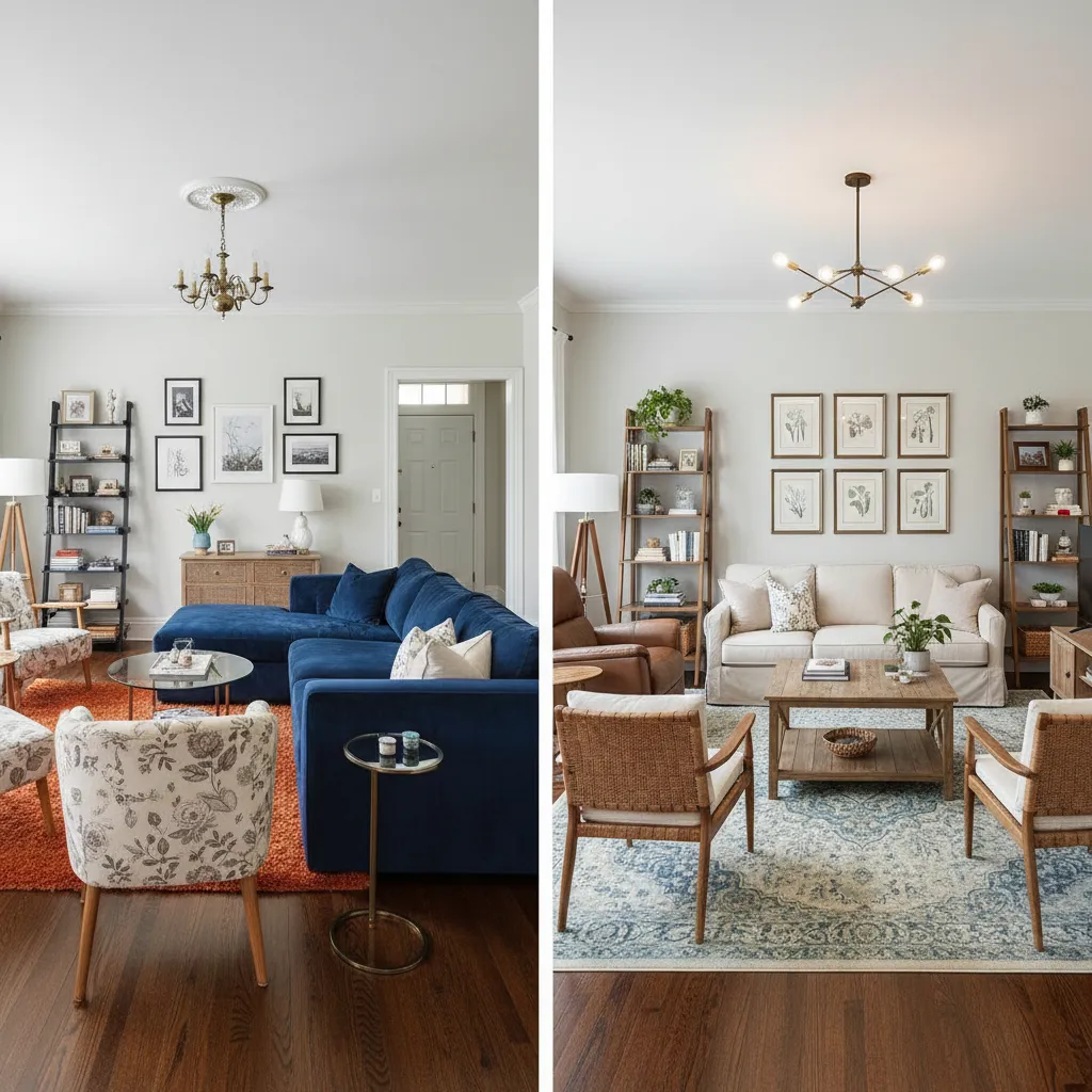 Salón con mala distribución de muebles mostrando errores comunes de decoración