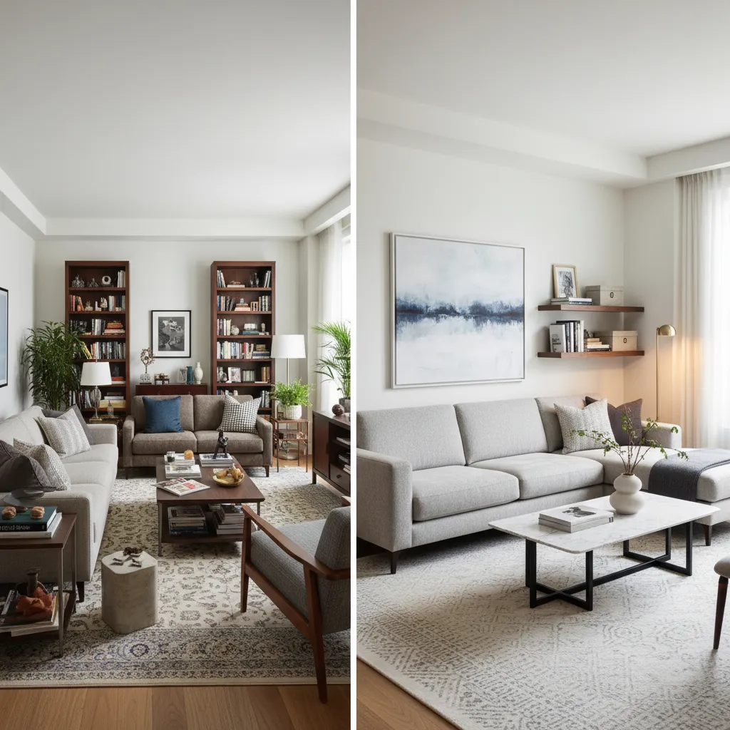 Comparación entre salón sobrecargado de muebles y uno bien equilibrado