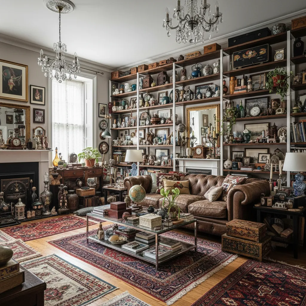 Classic living room with brown leather sofa, cluttered wall shelves, rugs and crystal ceiling lights