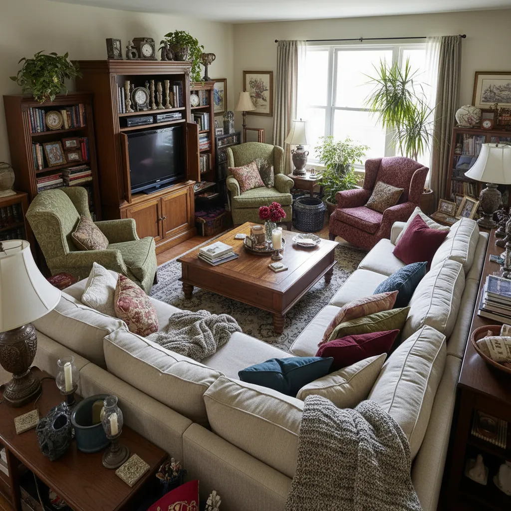 Salón con exceso de muebles y mala distribución