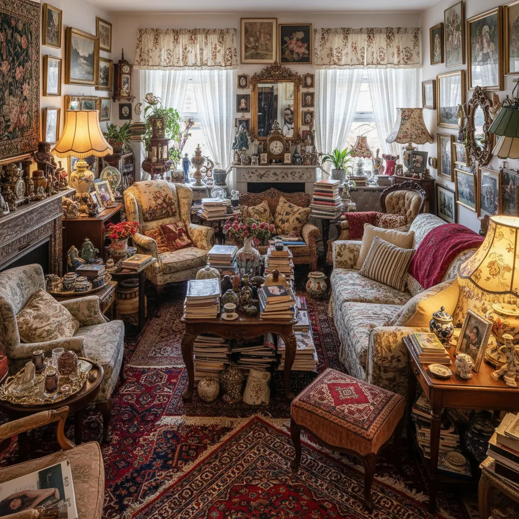 Overcrowded living room with many paintings, floral sofa, rugs, lamps, books, and vintage style decor