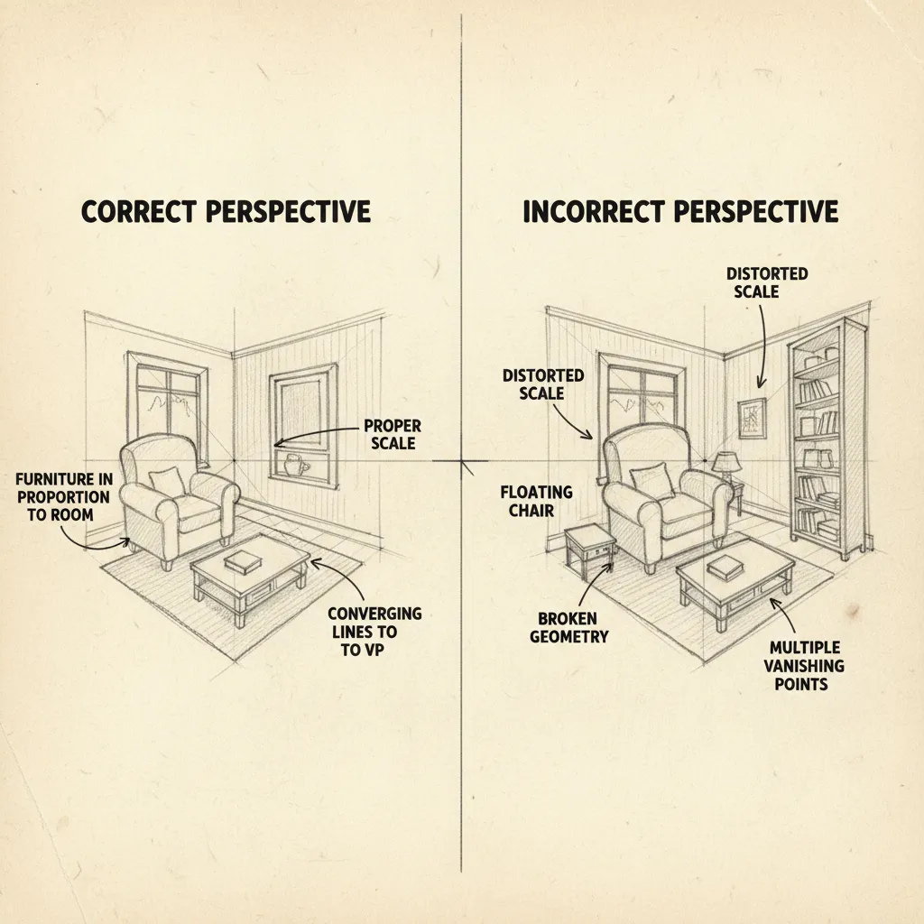 Ejemplo comparativo de dibujo interior correcto e incorrecto