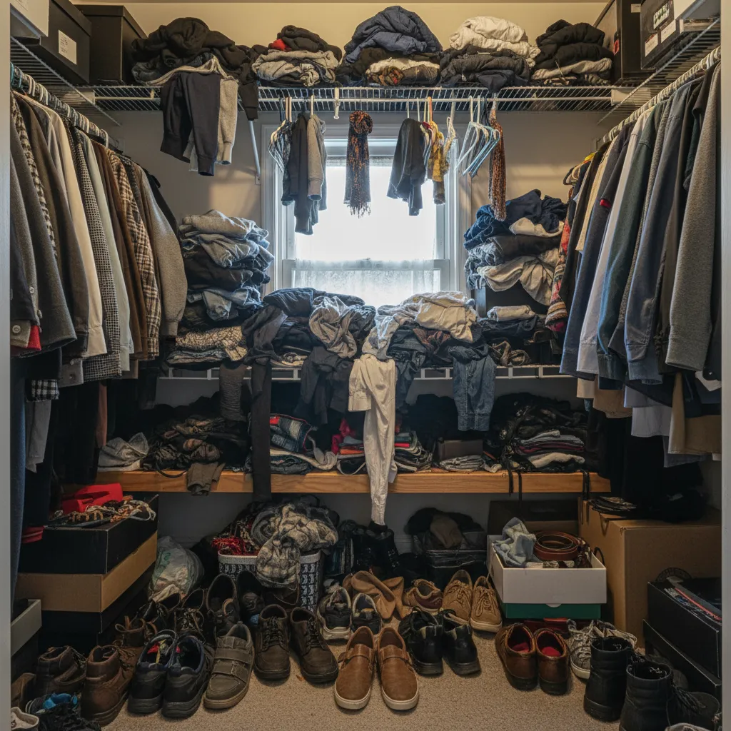 Messy and cluttered walk-in closet with overflowing clothes, unorganized piles, many shoes, and poor storage