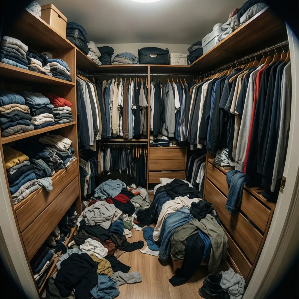 Armario con demasiados estantes y ropa desordenada