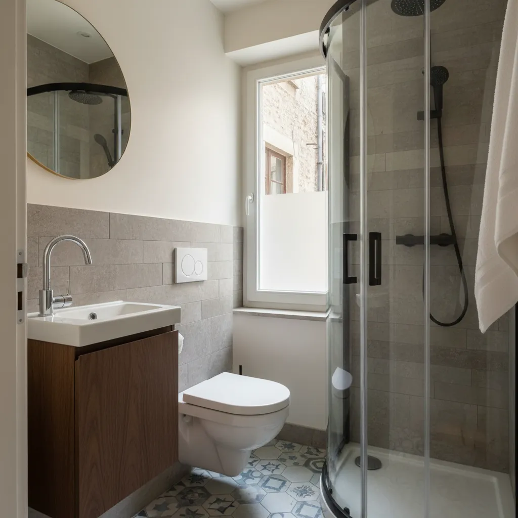 Modern bathroom with white toilet, wooden sink cabinet, glass shower, round mirror, and patterned floor