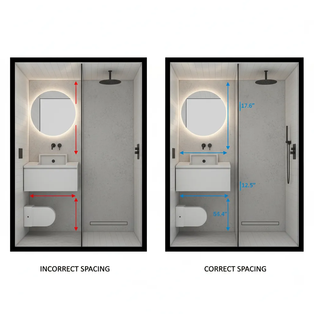 Comparación de espacio incorrecto y correcto entre sanitarios