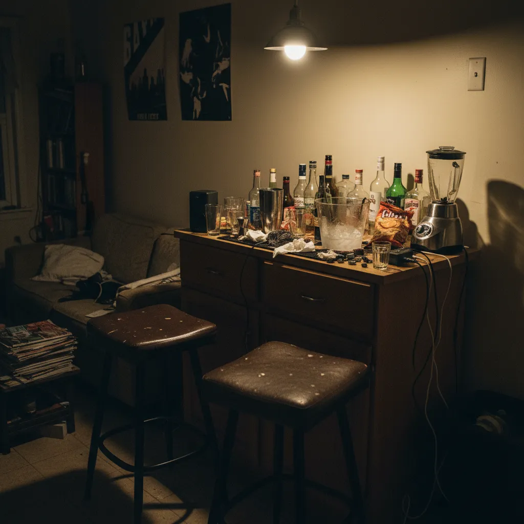 Barra de bar mal iluminada y con poco espacio