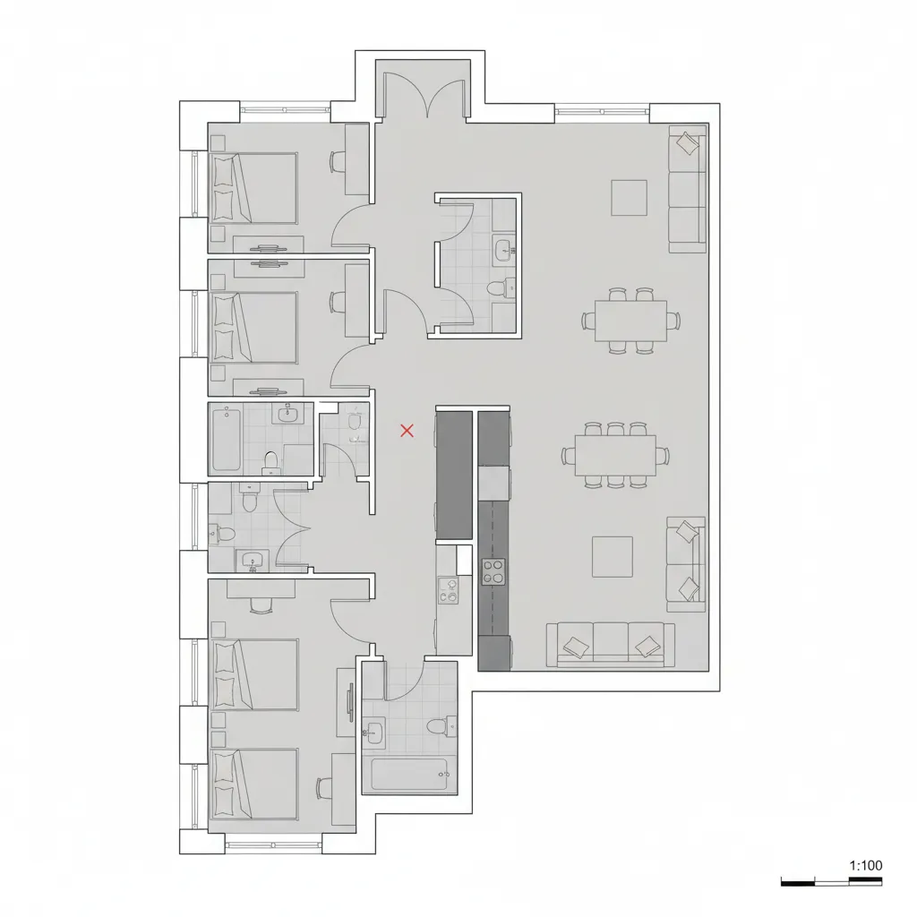 Plano de vivienda mostrando errores comunes de distribución como pasillos largos