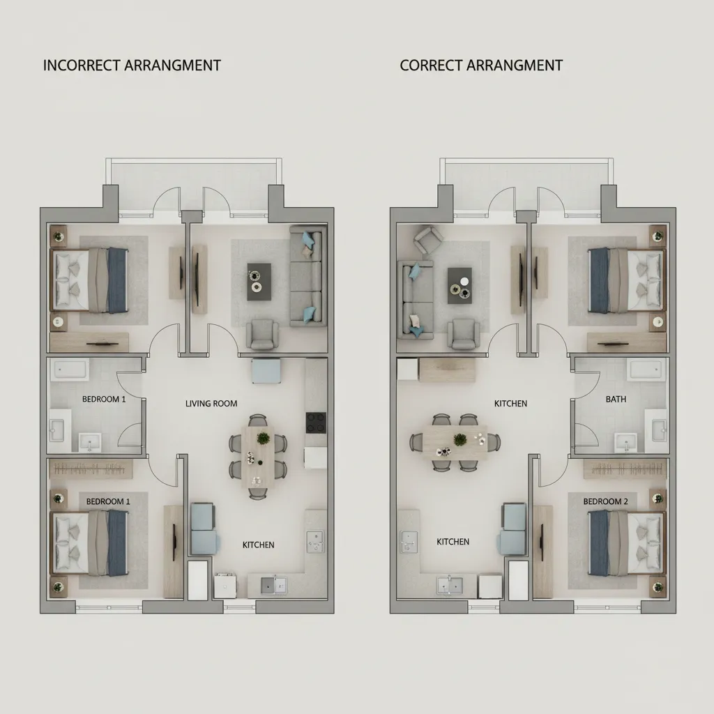 Comparison of incorrect versus correct room layout with furniture in two small apartment floor plans