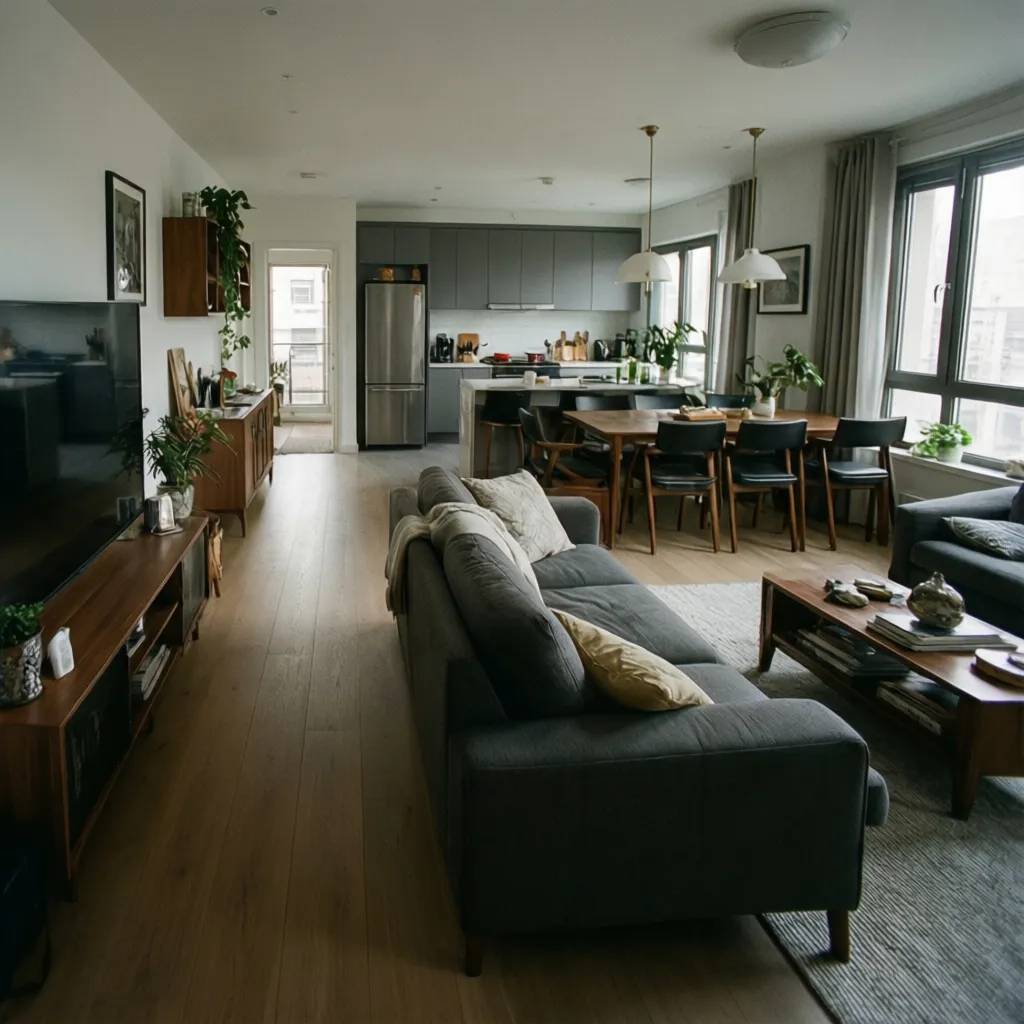 Modern living room and kitchen with grey sofa, wooden floors, dining table, and large windows