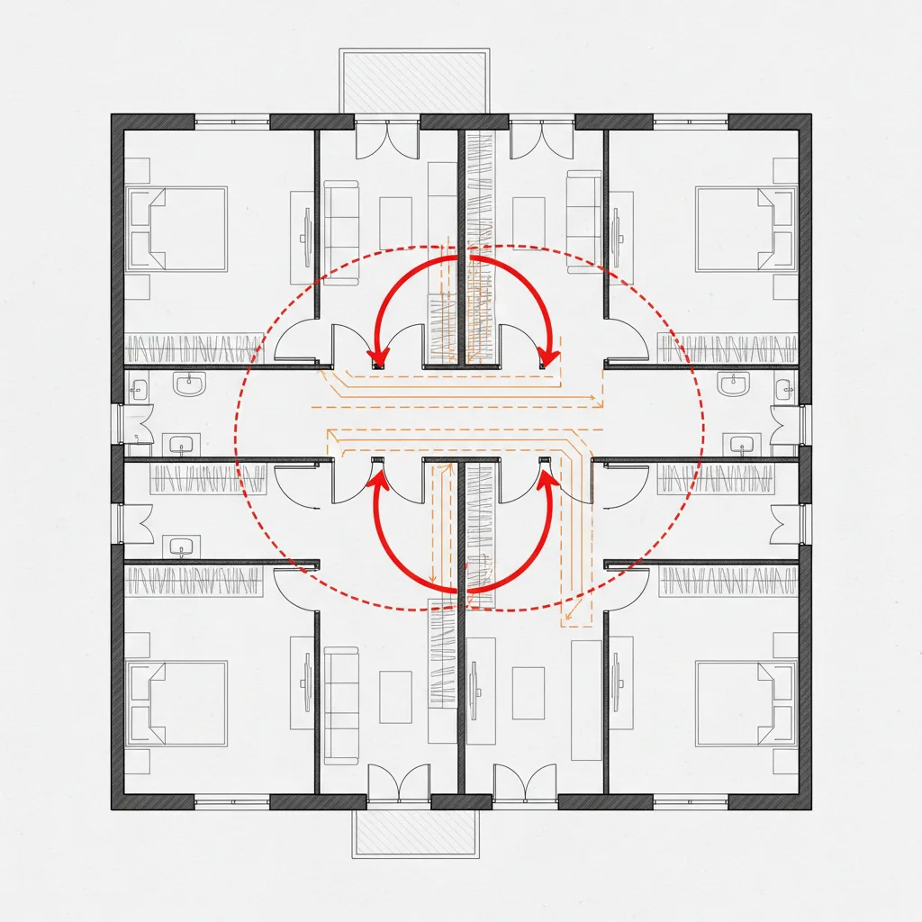 Plano mostrando problemas de circulación y puertas mal ubicadas