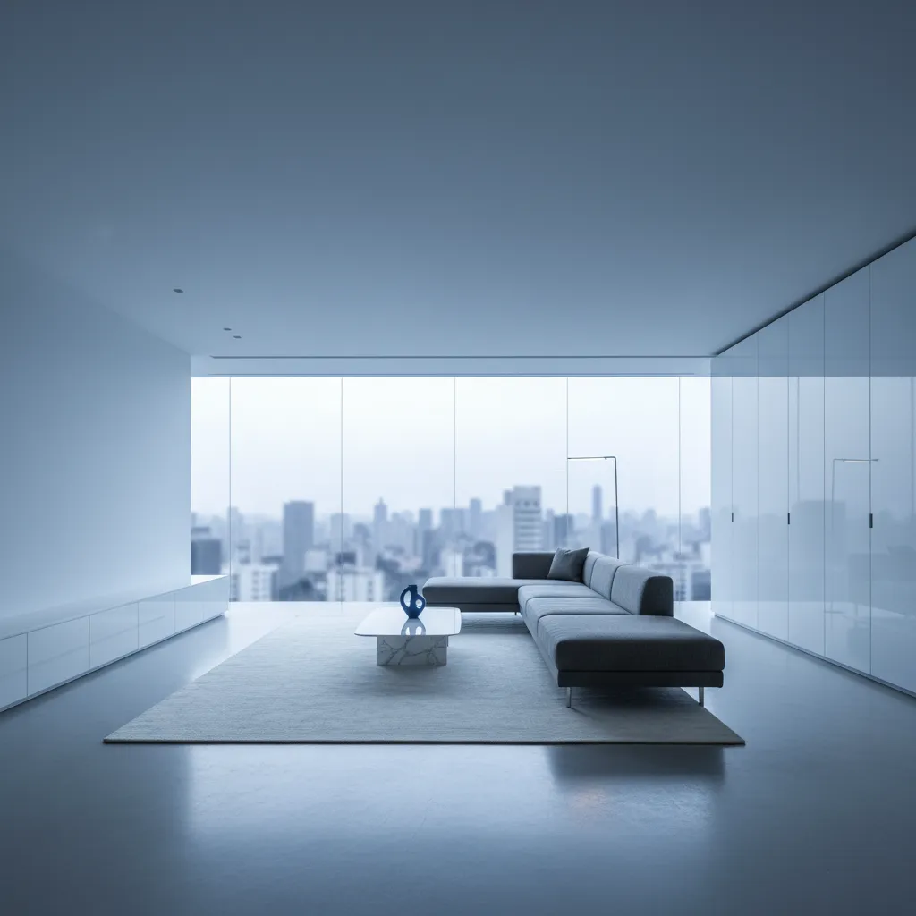 Minimalist living room with grey sofa large windows showing city view and white wall cabinets