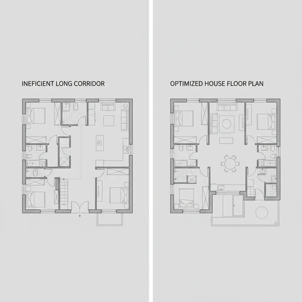 Comparación de plano con pasillo largo versus distribución optimizada