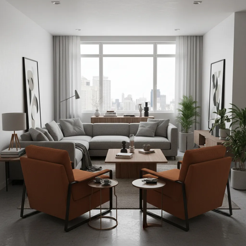 visualización de interior 3D con muebles demasiado juntos mostrando error de diseño