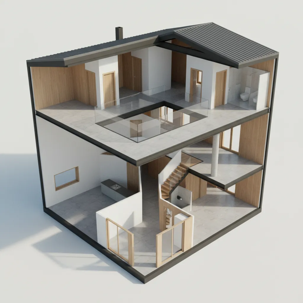 Vista 3D de una vivienda mostrando distribución interior